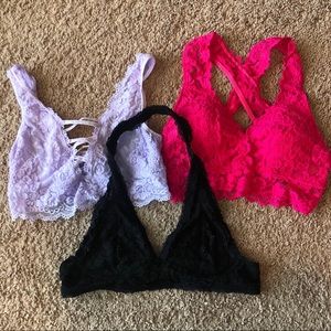 Lot of 3 bralette size small- purple, black, pink